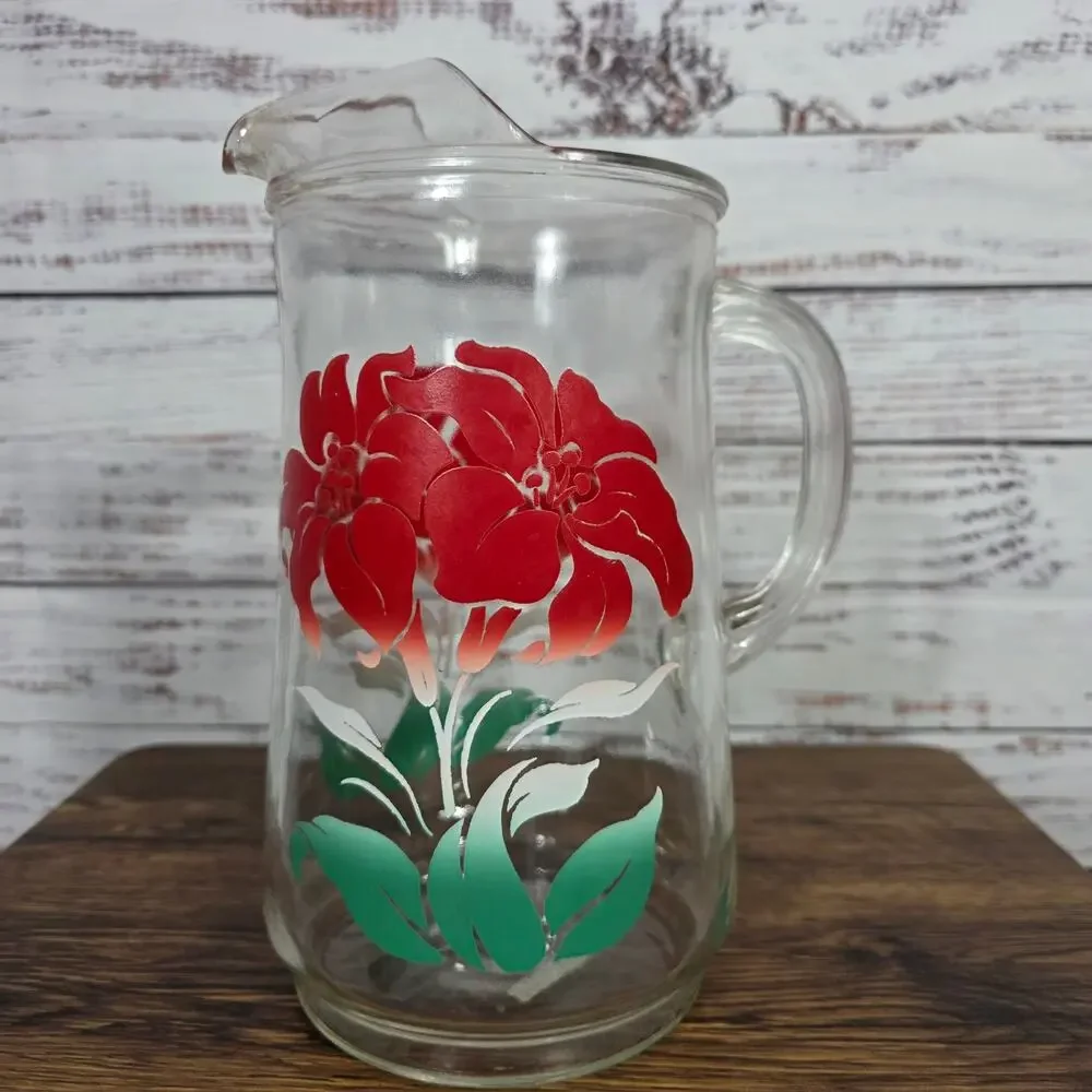 VTG Clear Glass Pitchers Floral Design Red White Flowers Ice Lip